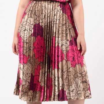 Abito Curvy in Raso Stampa Floreale con Gonna Plissè var