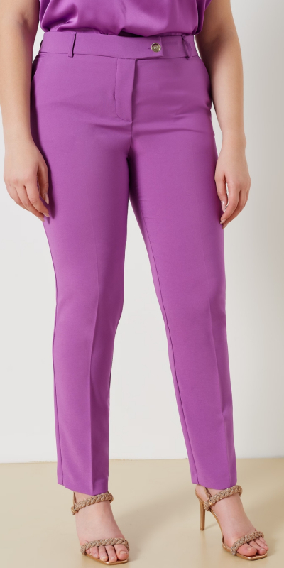 Pantalone curvy in tessuto tecnico stretch. Modello a sigaretta con stiro in piega sul davanti. 
Abbottonatura su centro davanti con bottone e zip nascosta. 
Tasche alla francese davanti e tasca a filetto sul dietro. La modella è alta 1,72 e indossa una taglia 48. 
Il tessuto principale contiene almeno il 43% di poliestere riciclato. Il poliestere riciclato di questo prodotto deriva in particolare da prodotti tessili o oggetti in PET. 
L'utilizzo di poliestere riciclato riduce la dipendenza dal petrolio come materia prima e le emissioni di CO2. Colore viola iris. Il capo è interamente realizzato in Italia.